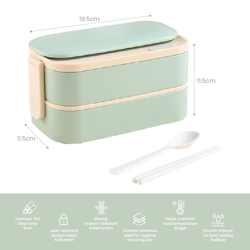스테인레스 도시락통 + 가방 Stainless Lunch Box with Cutlery and Bag (Green)