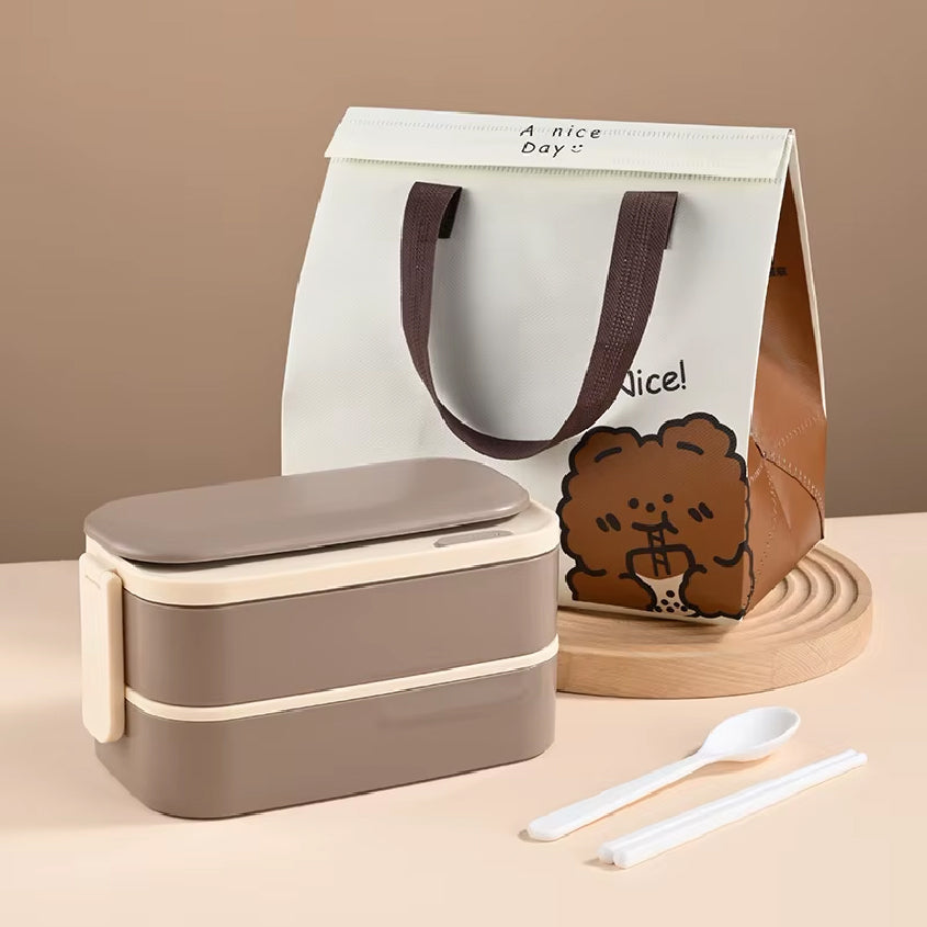 스테인레스 도시락통 + 가방 Stainless Lunch Box with Cutlery and Bag (Brown)