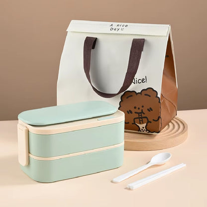 스테인레스 도시락통 + 가방 Stainless Lunch Box with Cutlery and Bag (Green)