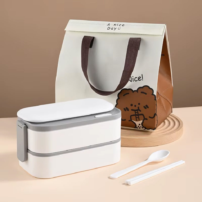 스테인레스 도시락통 + 가방 Stainless Lunch Box with Cutlery and Bag (White)
