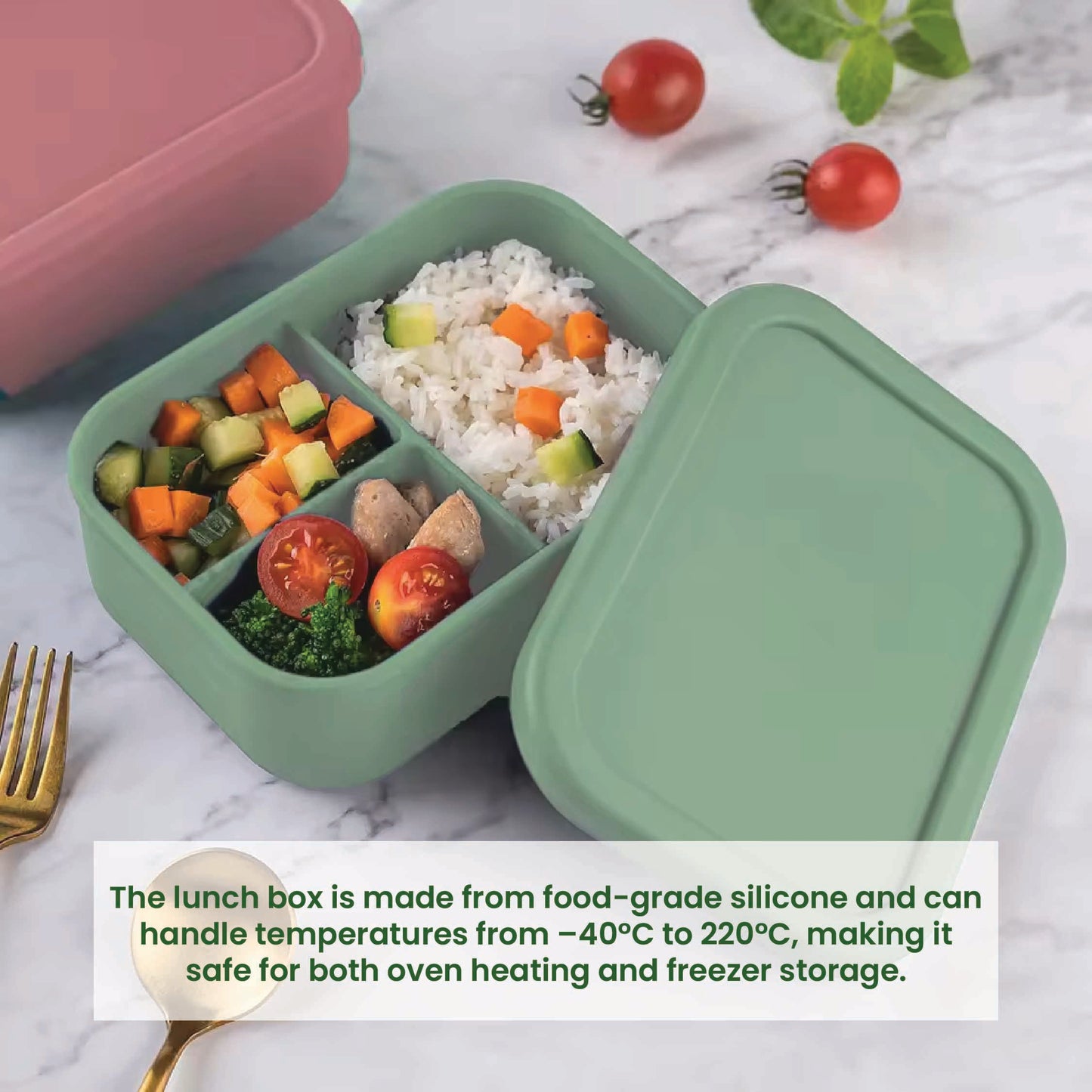 실리콘 도시락 통 Silicone Lunch Box - 3 compartment, BPA free - green